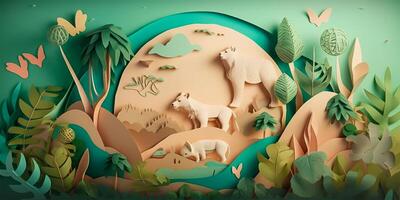 Paper cut craft, green ecology conservation and earth day creative concept. Green earth in paper craft art style. . photo