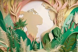 Paper cut craft, green ecology conservation and earth day creative concept. Green earth in paper craft art style. . photo