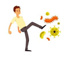 Young man kicking out viruses and bacterias, flat vector illustration isolated.