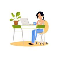 Young woman tired and stressed on work, flat vector illustration isolated.