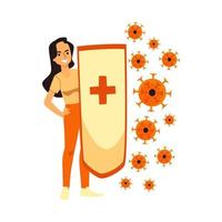 Healthy girl hold immunity shield for protection, fighting with virus, bacteria. vector