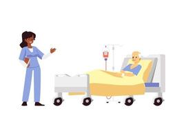 Doctor and elderly patient at hospital room, flat vector illustration isolated.