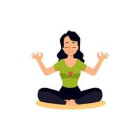 joven mujer sentado en yoga loto posición, plano vector ilustración aislado.