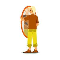 Man is dissatisfied with his appearance, cartoon vector illustration isolated.