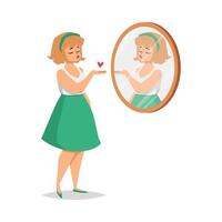 Smiling positive girl looks at her reflection in mirror and send love to self. vector