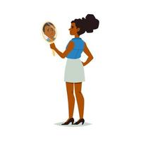 Woman looking in mirror with self hate, negative self acceptance and assessment. vector