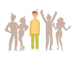 Lonely man stands alone in crowd of people, flat vector illustration isolated.