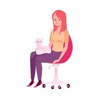 Upset lonely woman sitting in chair with cat flat vector illustration isolated.