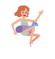 contento niñito niña con inflable anillo teniendo divertido en playa o piscina a verano vector