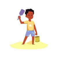 Cute boy on sand with toy shovel and bucket, flat vector illustration isolated.