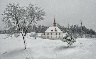 blanco Nevado paisaje con antiguo maltés palacio en hermosa natural paisaje. temprano invierno Mañana. Rusia. foto