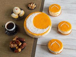 homemade golden cake with a Crescent moon, served with black coffee and dates. Ramadan background photo
