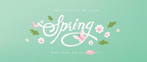 Spring Sale Header or Banner Design Promotion layout with fresh bloom flowers and butterfly elements vector