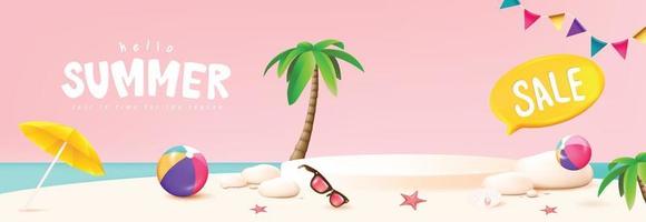 Summer travel banner display podium with sand and summer beach scene design background vector