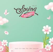 Spring Sale Header or Banner Design Promotion layout with fresh bloom flowers and butterfly elements product display cylindrical shape vector