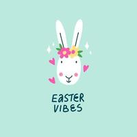 Happy Easter greeting card with cute Rabbit and flowers. Easter vibes Sign. vector