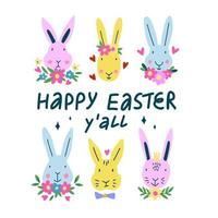 Happy Easter you all greeting card with cute Rabbit and flowers. vector