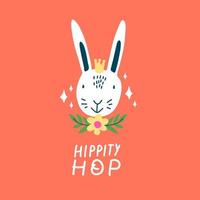 Happy Easter greeting card with cute Rabbit and flowers. Hippity Hop sign. vector