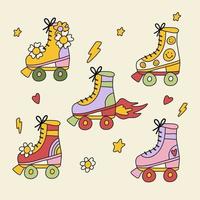 Bright Groovy quad roller skate set. Cartoon 70s-80s comic style. vector