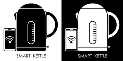 Smart electric kettle icon with smartphone. Modern digital technologies for smart home control. Isolated vector in white and black background