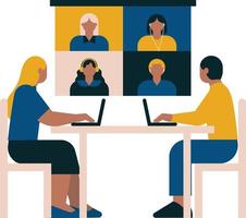 couple of people sitting in front of computer with video conference vector illustration design