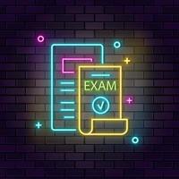 Paper, exam neon icon. Education neon icon on dark brick wall background. vector