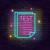 Test, paper neon icon. Education neon icon on dark brick wall background. vector