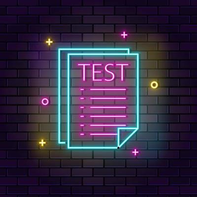 Test, paper neon icon. Education neon icon on dark brick wall background.