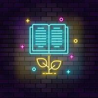 Grow, book neon icon. Education neon icon on dark brick wall background. vector