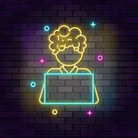 Online learning, student neon icon. Education neon icon on dark brick wall background. vector
