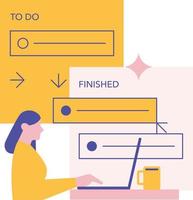 Woman working on laptop. Search engine optimization concept. Vector illustration in a flat style