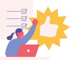 Approve concept vector illustration in flat style. Man with laptop and paper sheet showing thumbs up