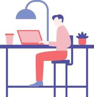 Man working on laptop at home. Freelance, remote work concept. Vector illustration in flat style