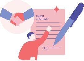 Client signing contract. Man signing a document. Vector illustration in flat style