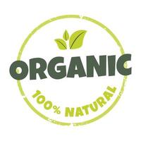 Vector label for organic natural product. Product sticker illustration, badge. Textured round logo with green leaves and text for organic and eco friendly products