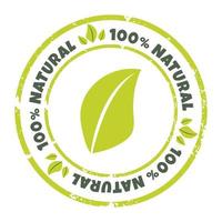 100 percent natural label. Vector natural product sticker, badge. Textured round logo with green leaves for organic and eco friendly products