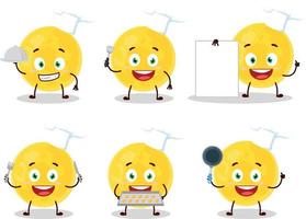 Cartoon character of yellow moon with various chef emoticons vector