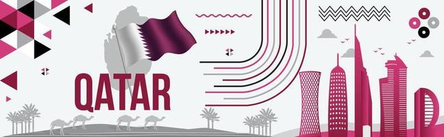 Qatar National Day Banner Design with Qatari Flag, National colors theme background, Map, Text, Doha Landmarks, Geometric Abstract Purple or Violet colors, vector Illustration, 18 December