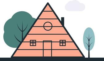 Vector triangular house with a chimney and trees around eps 10. Vector unusual house of irregular shape in the forest with clouds in the background eps 10.