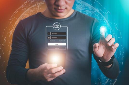 the person touching a virtual screen to scan fingerprint login, management concept, digital transformation Internet of Things, Big Data and Business Processes, Automated Operations, Data Storage photo