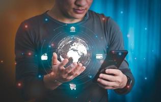 businessman using smartphones, online transactions, shopping, with internet technology, global data connection concept with technology internet, big data, information search, online marketing photo