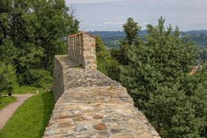 histórico defensivo pared de un Roca castillo en Polonia en dobczyce en un verano día con vista a el lago foto