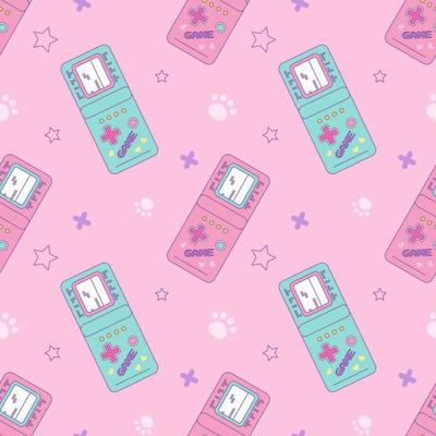 Electronic retro Tetris game. Vector seamless pattern in kawaii style. An old vintage console from the 90s