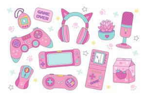 Gamer girl set of kawaii style elements. Vintage pink 90s Games. Vector illustration,gamepad, joystick, tamagotchi, headphones