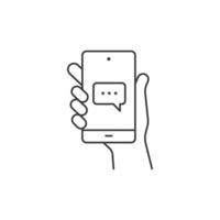 Hand hold smartphone, email send, new message notification line icon. Phone message outline icon. Isolated vector