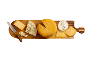 Wooden board with mix of cheese isolated on a transparent background png