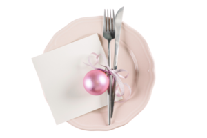 Pink plate, silver cutlery and pink christmas balls isolated on a transparent background png