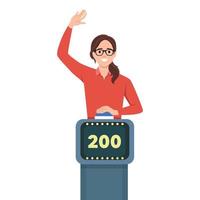 Young woman playing quiz game answering question standing at the stand with button. Girl pressed the buzzer first and raised hand up in the light of spotlight vector