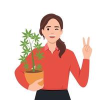 Woman holding cannabis plant in pot and giving peace sign as she is supporting the use of cannabis. Weed or marijuana vector
