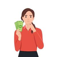 Businesswoman thinking where to go vacation and how invest earned dollars, hold cash and looking up thoughtful. Business, finance, and employment, entrepreneur and money vector